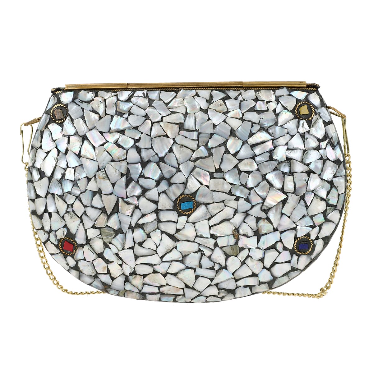 Handmade Metal Cluth Sling Bag with MOP inlay and Bead Work Color- Golden Size-5 x 7 Inch image number 5