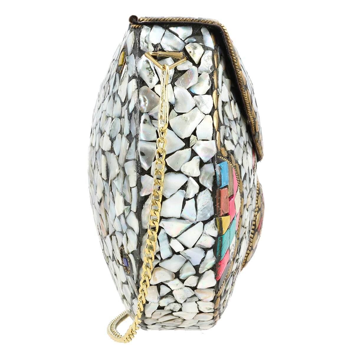 Handmade Metal Cluth Sling Bag with MOP inlay and Bead Work Color- Golden Size-5 x 7 Inch image number 6