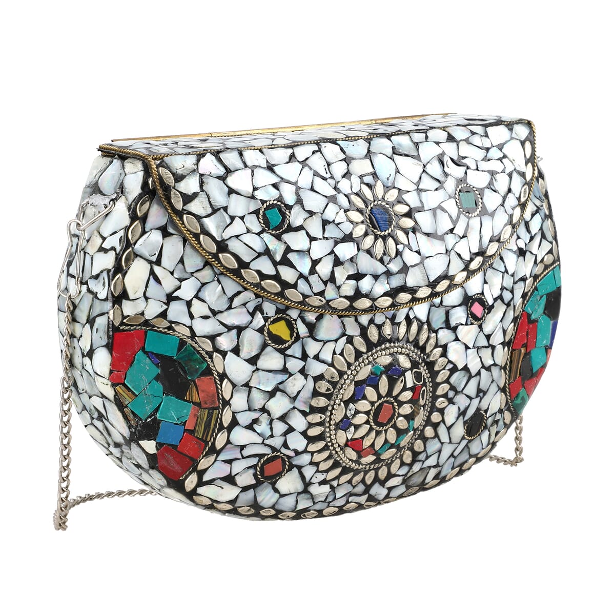 Handmade MOP Inlay and Beads Work Metal Cluth Sling Bag - Silver Color image number 0