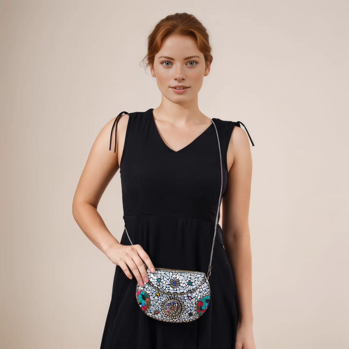 Handmade MOP Inlay and Beads Work Metal Cluth Sling Bag - Silver Color image number 2