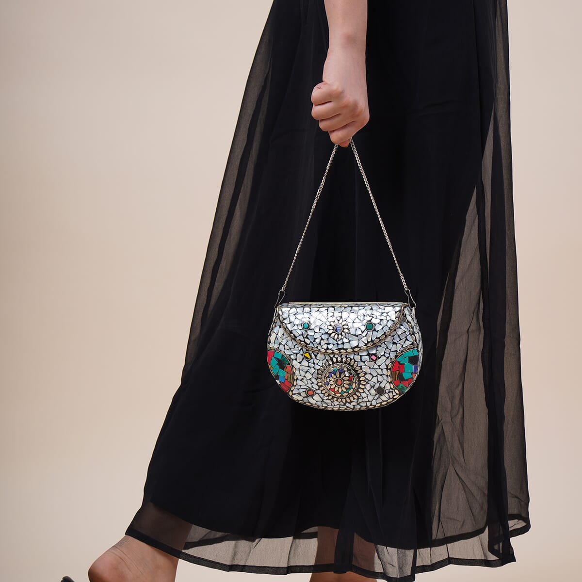Handmade MOP Inlay and Beads Work Metal Cluth Sling Bag - Silver Color image number 3