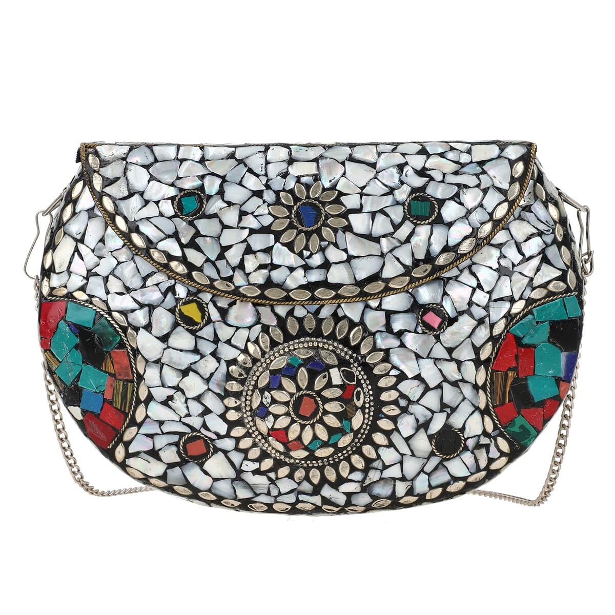 Handmade MOP Inlay and Beads Work Metal Cluth Sling Bag - Silver Color image number 4