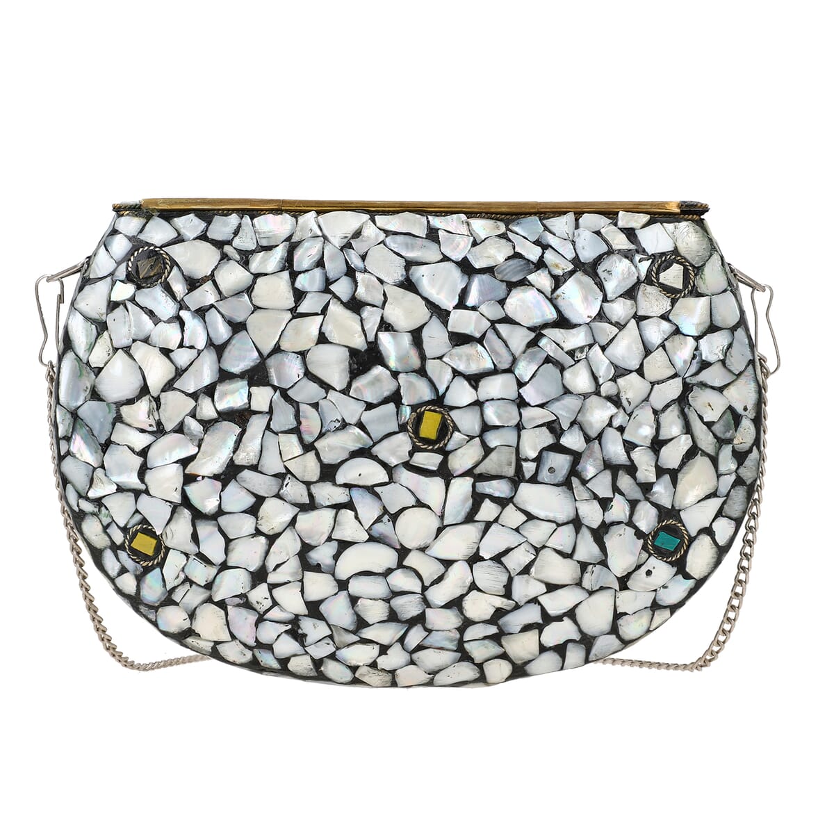 Handmade MOP Inlay and Beads Work Metal Cluth Sling Bag - Silver Color image number 5