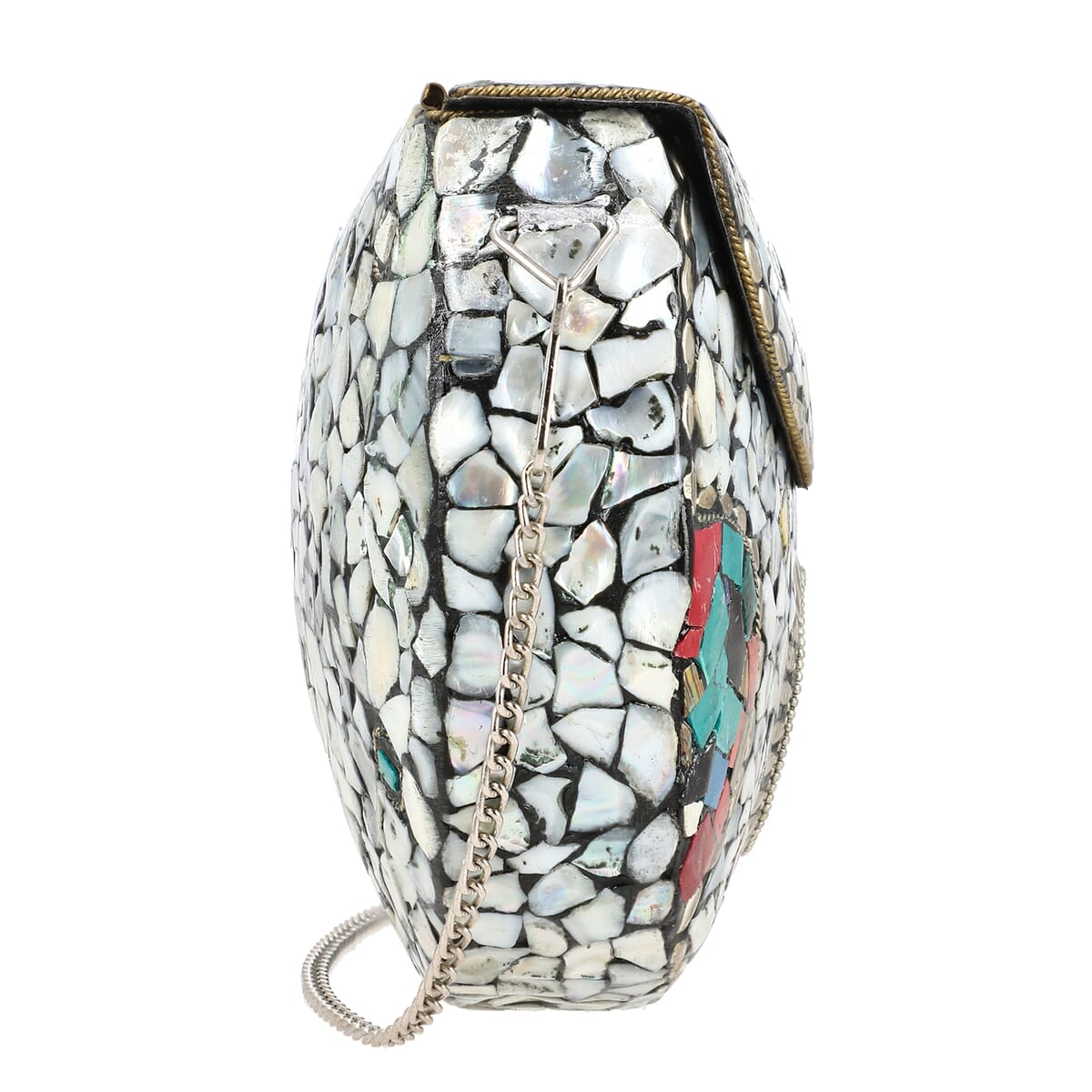 Handmade MOP Inlay and Beads Work Metal Cluth Sling Bag - Silver Color image number 6