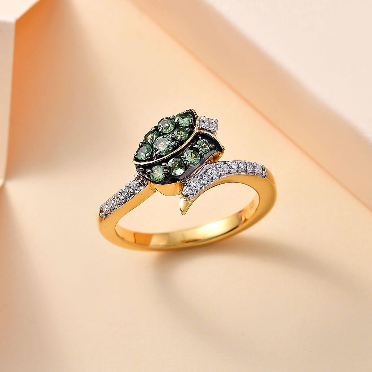 Brazilian Mint Garnet and Moissanite Tulip Flower Ring in 18K Vermeil Yellow Gold Over Sterling Silver (Size 5.0) 0.60 ctw image number 1