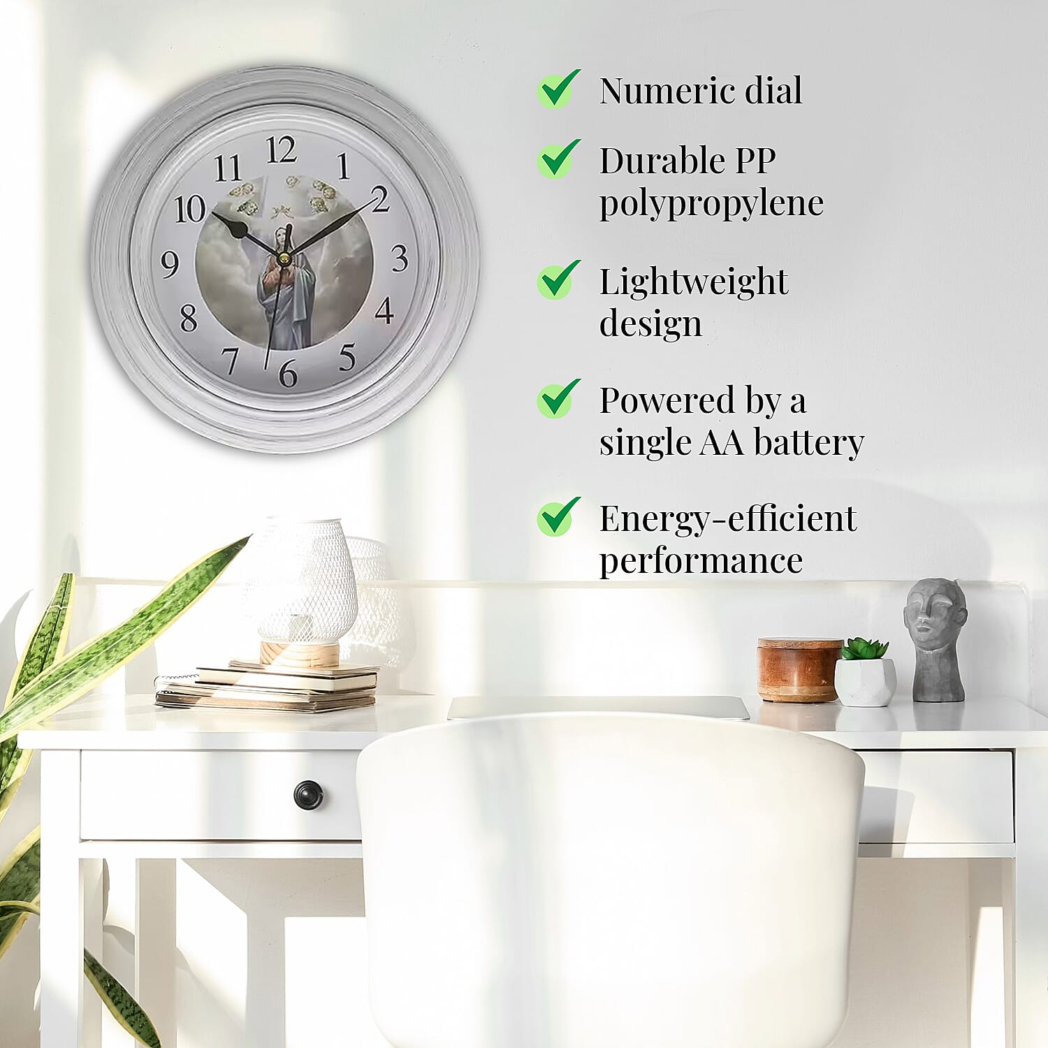 Set of 2, White Jesus Wall Clock - 1 AA Battery Not Include