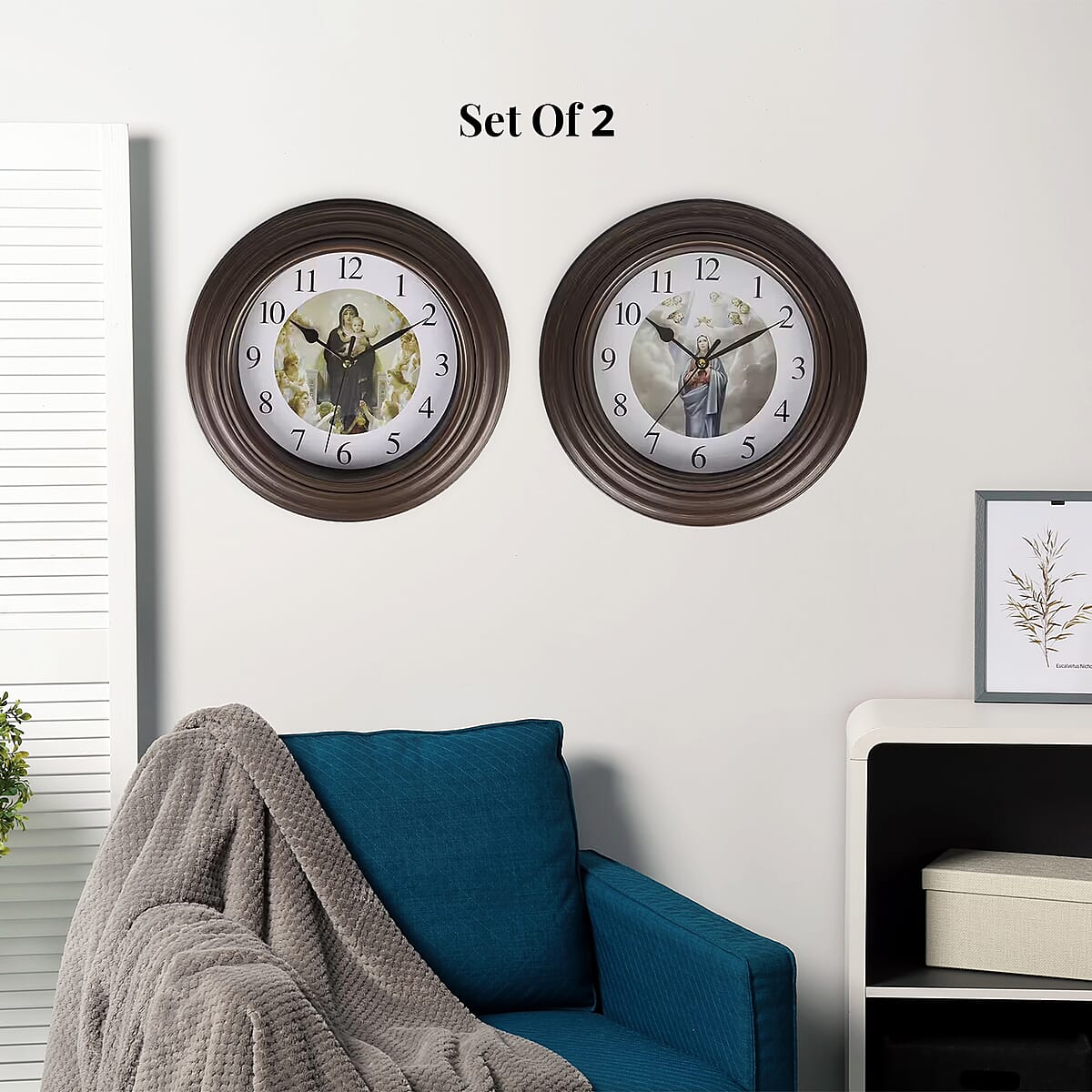 Set of 2, Brown Jesus Wall Clock - 1 AA Battery Not Include image number 1