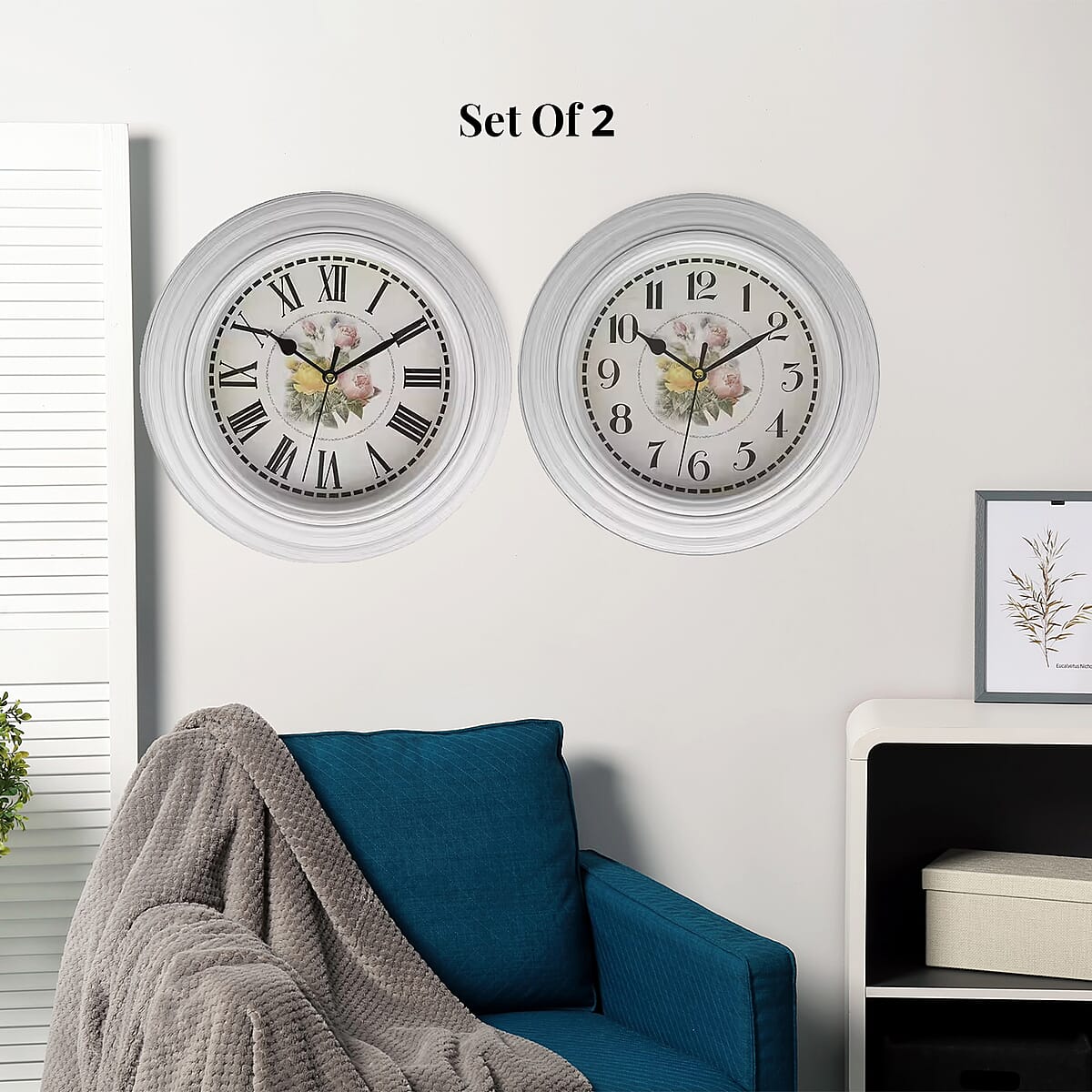 Set of 2, White Rose Print Wall Clock - 1 AA Battery Not Include image number 1
