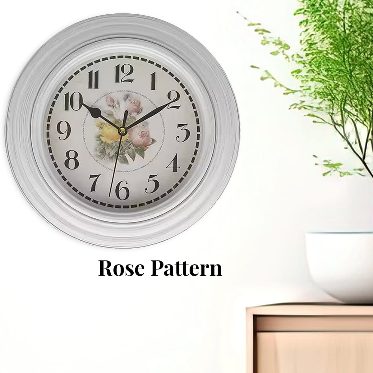 Set of 2, White Rose Print Wall Clock - 1 AA Battery Not Include image number 3