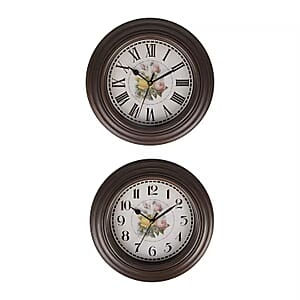 Set of 2, Brown Rose Print Wall Clock - 1 AA Battery Not Include