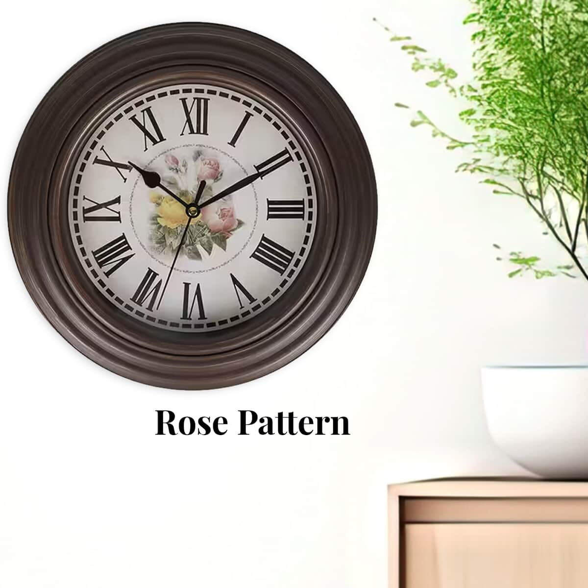 Set of 2, Brown Rose Print Wall Clock - 1 AA Battery Not Include image number 3