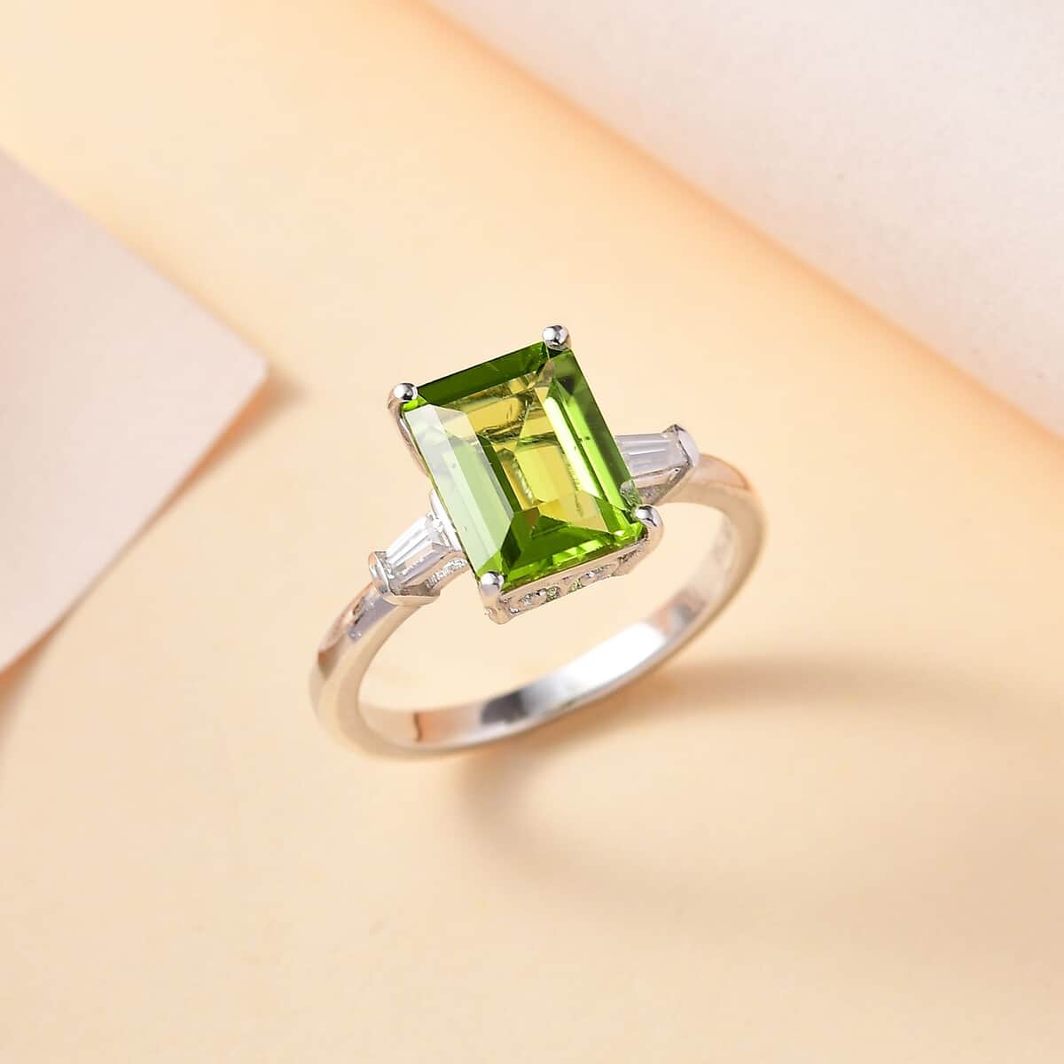 Peridot and Moissanite Ring in Rhodium Over Sterling Silver (Size 6.0) 3.30 ctw image number 1