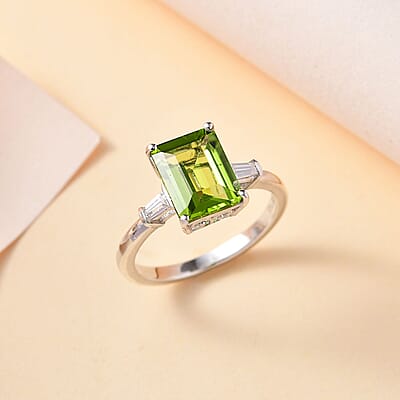 Peridot and Moissanite Ring in Rhodium Over Sterling Silver (Size 6.0) 3.30 ctw