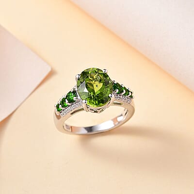 Hebei Peridot and Multi Gemstone Ring in Rhodium Over Sterling Silver (Size 6.0) 4.50 ctw