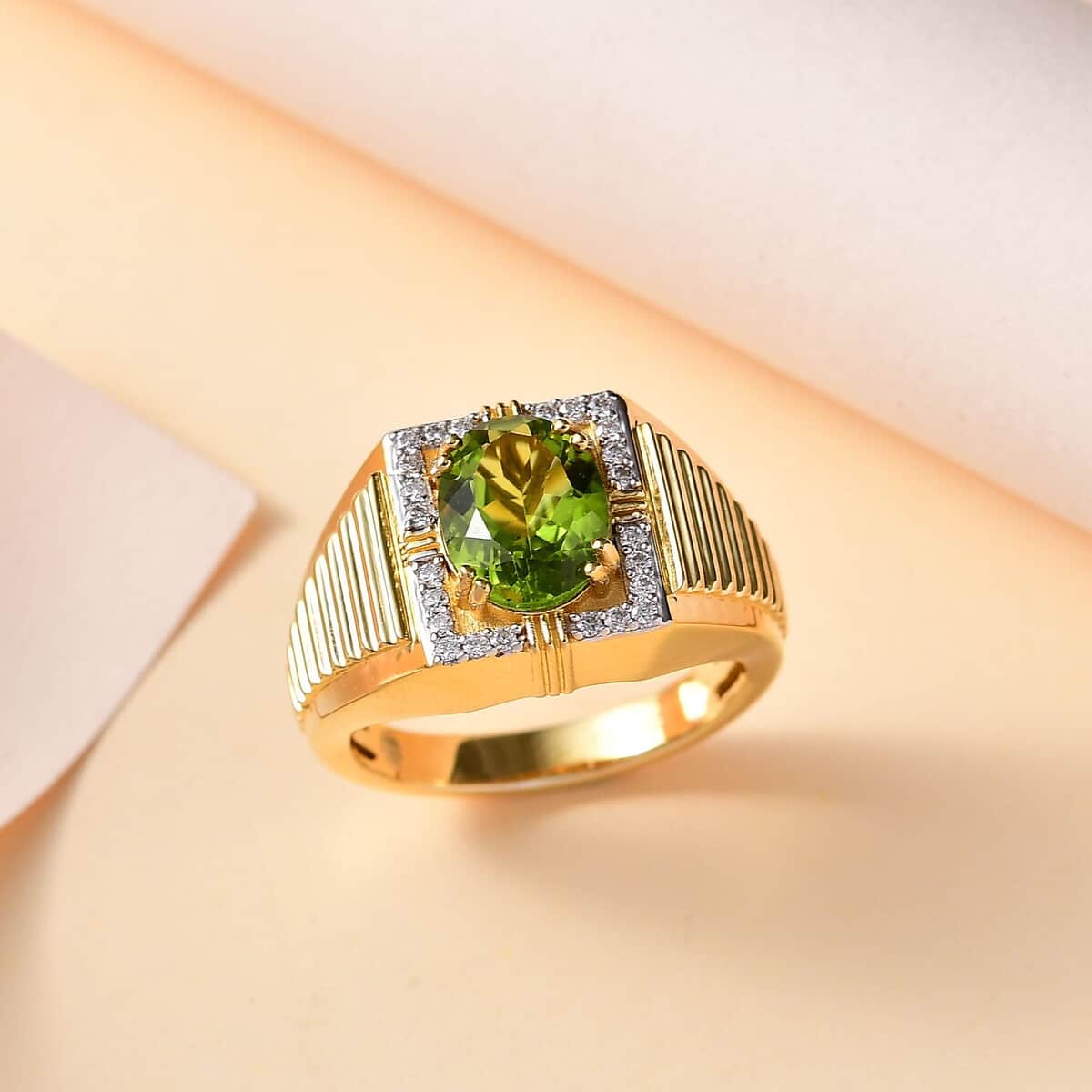 Peridot and Moissanite Men's Ring in 18K Vermeil Yellow Gold Over Sterling Silver (Size 9.0) 3.15 ctw image number 1
