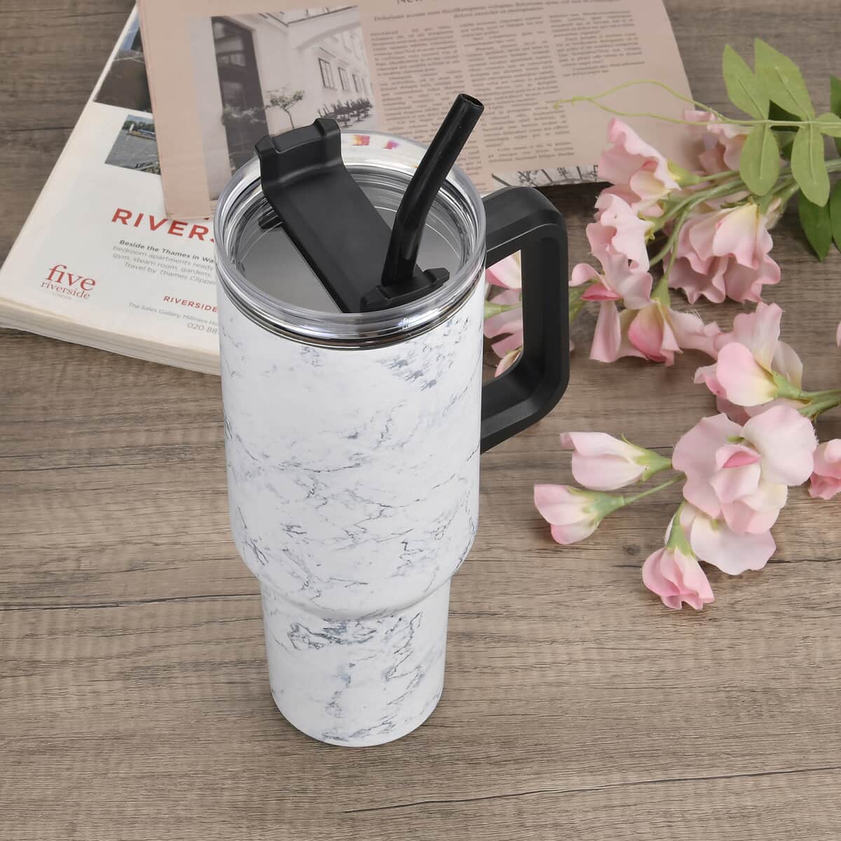 Marble Pattern Double Wall Stainless Steel Cup with Straw 40 oz image number 1