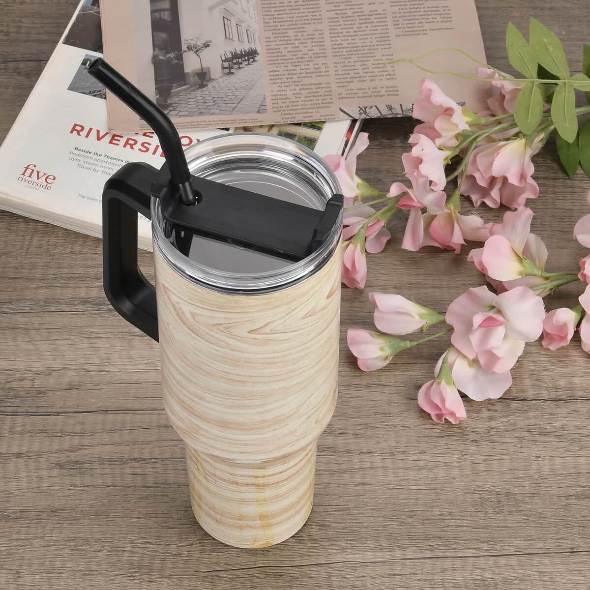 Marble Pattern Double Wall Stainless Steel Cup with Straw 40 oz image number 1