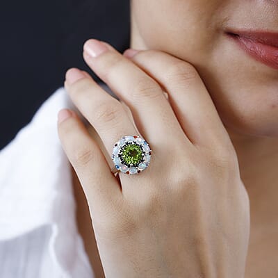 D'Joy Hebei Peridot and Multi Gemstone Floral Ring in Rhodium Over Sterling Silver (Size 6.0) 4.85 ctw