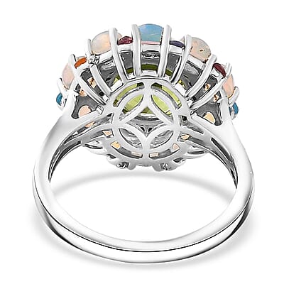 D'Joy Hebei Peridot and Multi Gemstone Floral Ring in Rhodium Over Sterling Silver (Size 6.0) 4.85 ctw