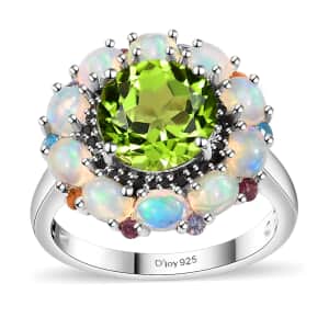 Peridot and Multi Gemstone Floral Ring in Rhodium Over Sterling Silver (Size 7.0) 4.85 ctw