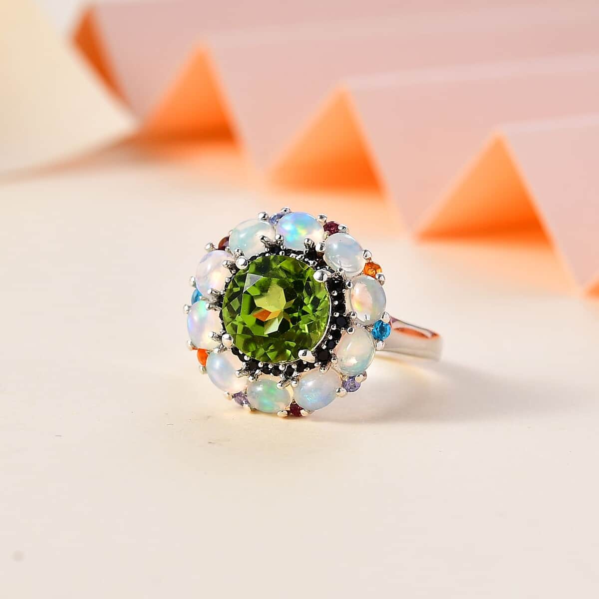 Peridot and Multi Gemstone Floral Ring in Rhodium Over Sterling Silver (Size 7.0) 4.85 ctw image number 1