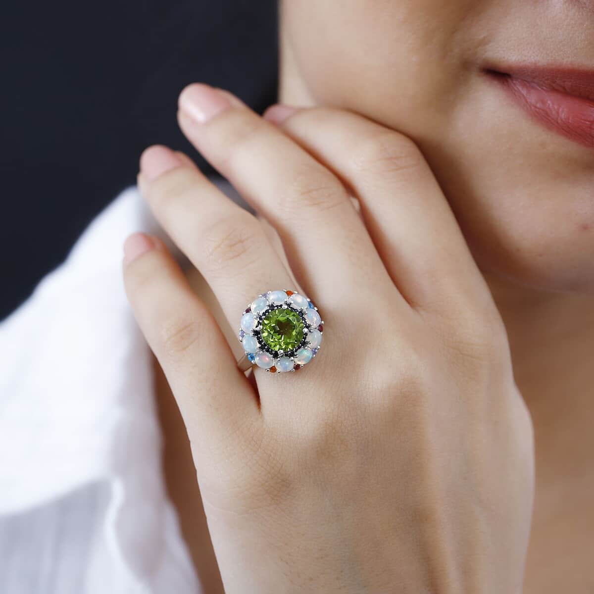 Peridot, Multi Gemstone Floral Ring in Rhodium Over Sterling Silver (Size 6.0) 4.85 ctw image number 2