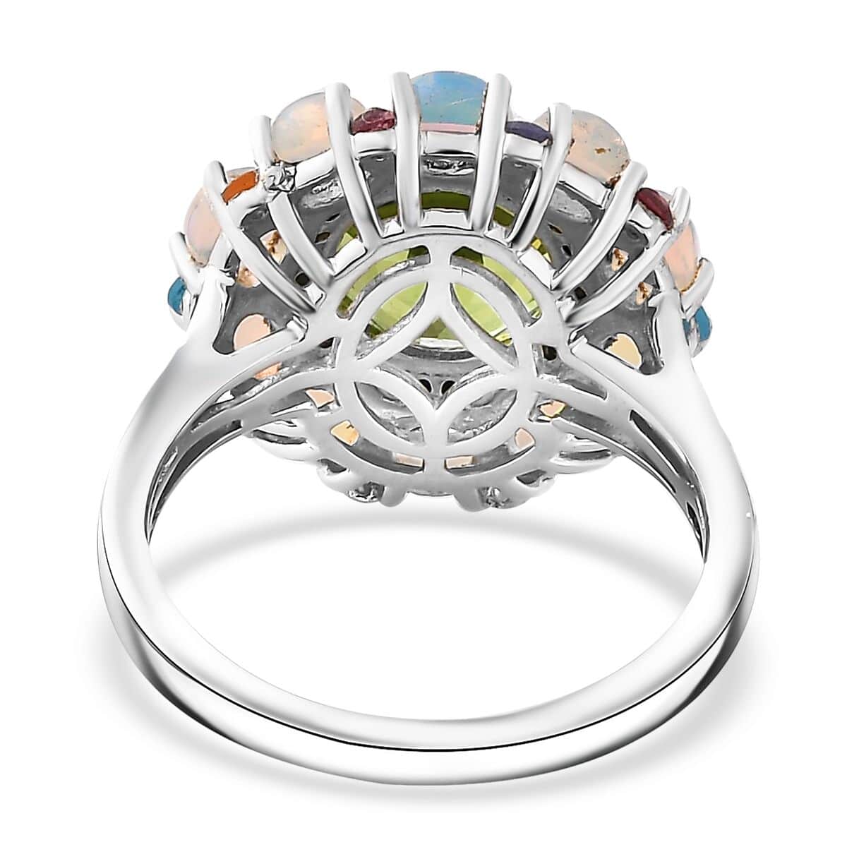 Peridot, Multi Gemstone Floral Ring in Rhodium Over Sterling Silver (Size 6.0) 4.85 ctw image number 4