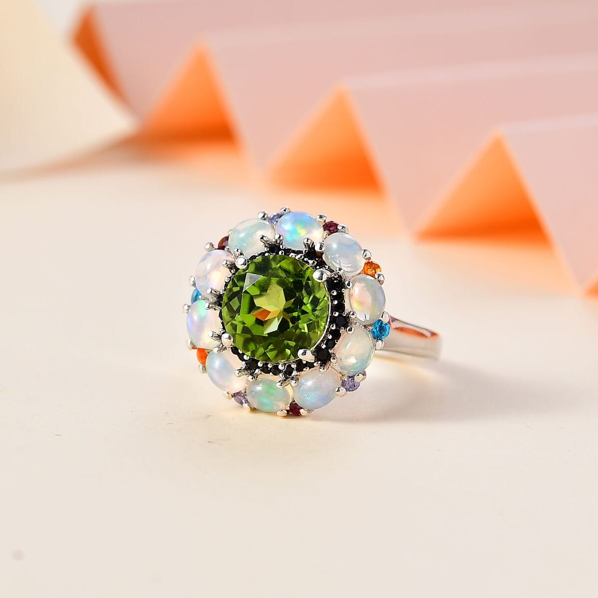 Hebei Peridot and Multi Gemstone Floral Ring in Rhodium Over Sterling Silver (Size 9.0) 4.85 ctw image number 1