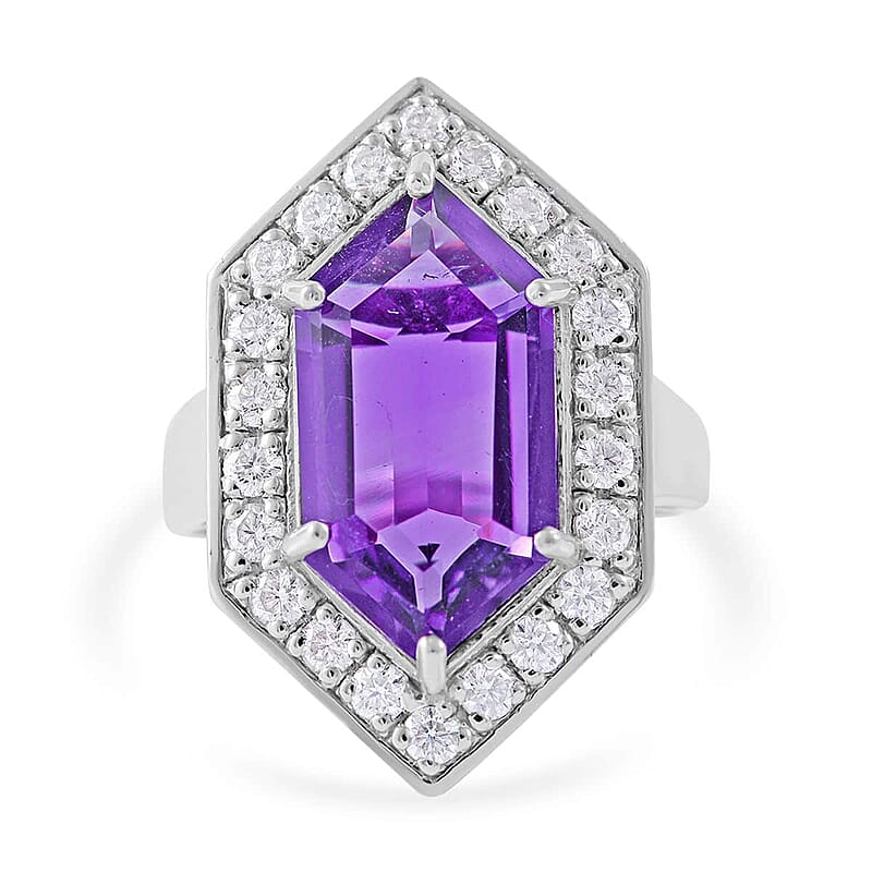 Lusaka Amethyst and White Zircon Ring in Platinum Over Sterling Silver (Size 6.0) 10.40 ctw