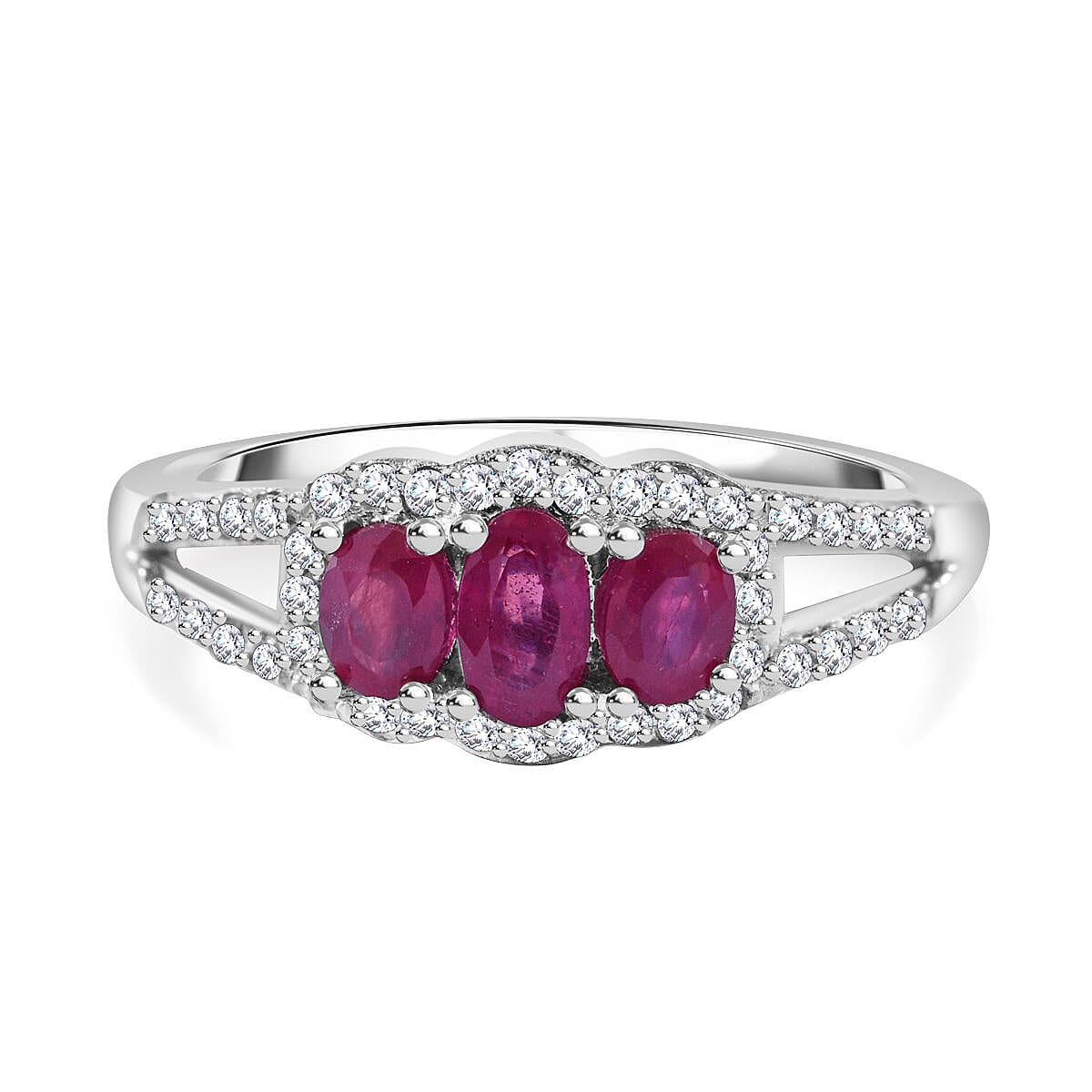 African Ruby (FF) and White Zircon 1.15 ctw Ring in Rhodium Over Sterling Silver (Size 11.5)