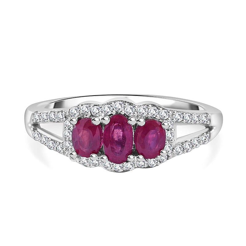 African Ruby (FF) and White Zircon 1.15 ctw Ring in Rhodium Over Sterling Silver (Size 11.5)