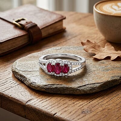 African Ruby (FF) and White Zircon 1.15 ctw Ring in Rhodium Over Sterling Silver (Size 11.5)