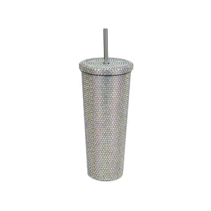 Crystal Studded Double Walled Reusable Leak Proof Stainless Cup with Straw 24oz, Quencher Travel Tumbler- Aurora Borealis