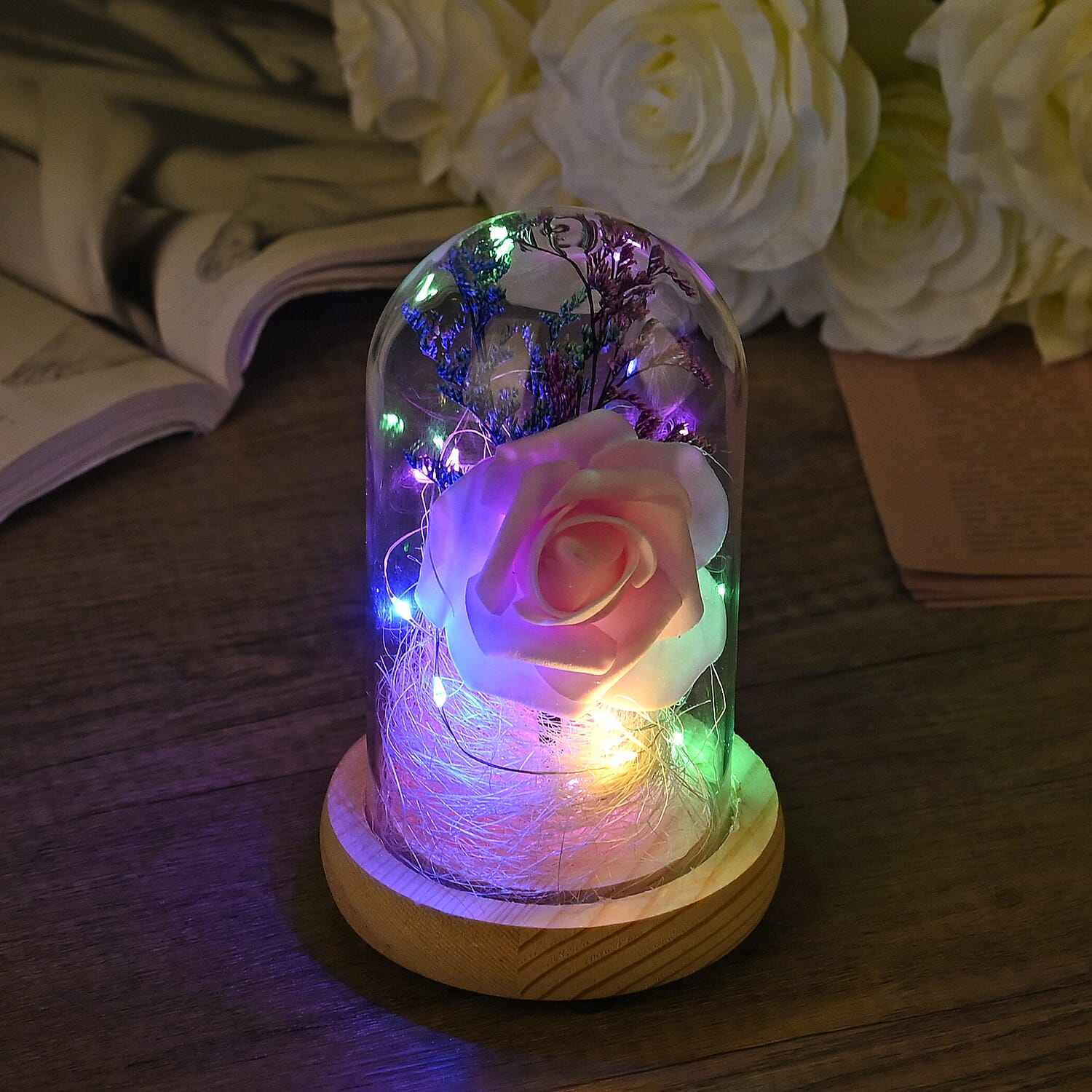 Pink Rose Glass Dome Decoration LED Lights