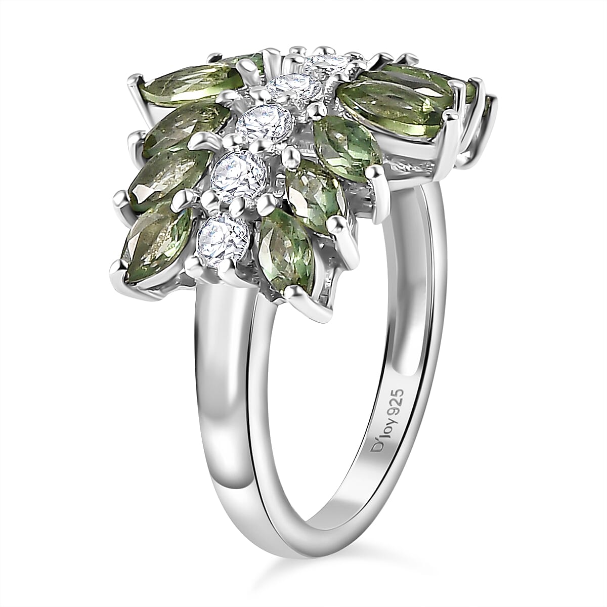 Andranomaro Green Apatite and Moissanite Leaf Ring in Rhodium Over Sterling Silver (Size 5.0) 3.00 ctw