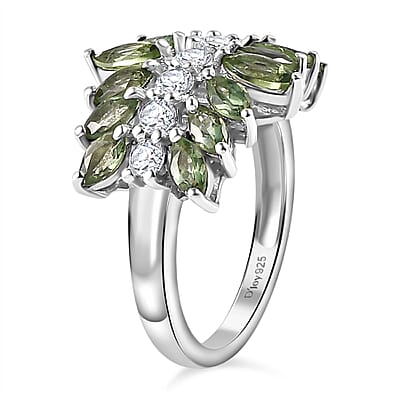 Andranomaro Green Apatite and Moissanite Leaf Ring in Rhodium Over Sterling Silver (Size 5.0) 3.00 ctw