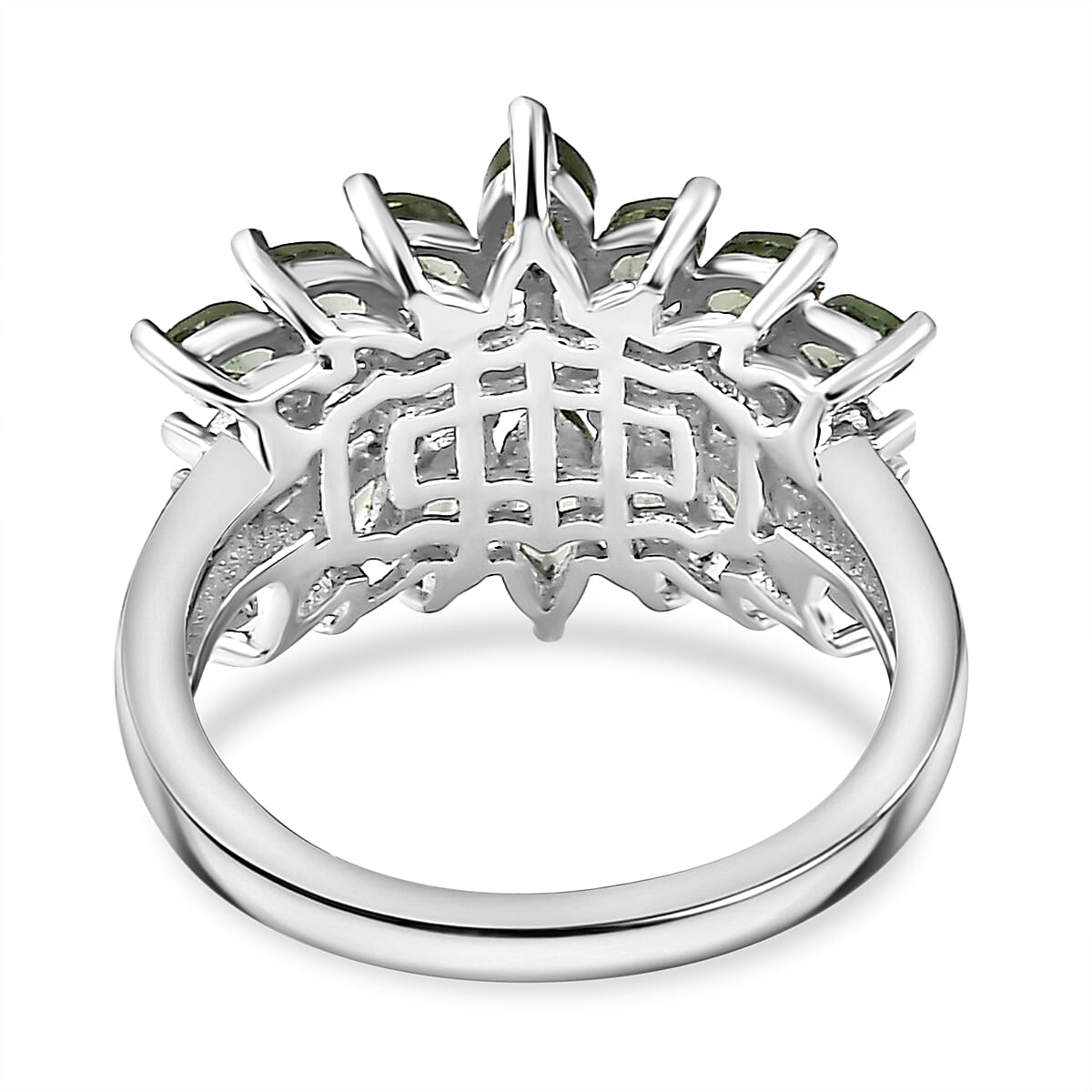Andranomaro Green Apatite and Moissanite Leaf Ring in Rhodium Over Sterling Silver (Size 5.0) 3.00 ctw