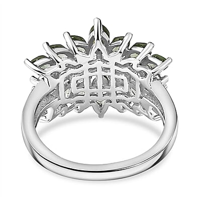 Andranomaro Green Apatite and Moissanite Leaf Ring in Rhodium Over Sterling Silver (Size 5.0) 3.00 ctw