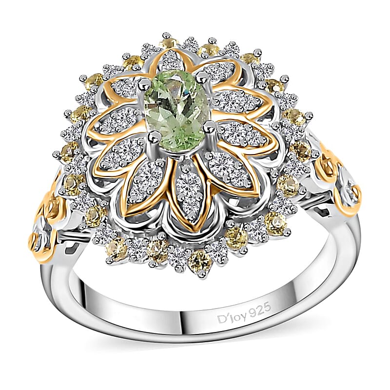 Brazilian Mint Garnet and Multi Gemstone Flower Ring in 18K Vermeil YG and Rhodium Over Sterling Silver (Size 5.0) 1.25 ctw