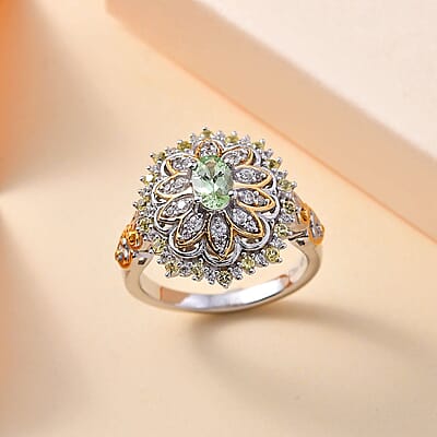 Brazilian Mint Garnet and Multi Gemstone Flower Ring in 18K Vermeil YG and Rhodium Over Sterling Silver (Size 5.0) 1.25 ctw