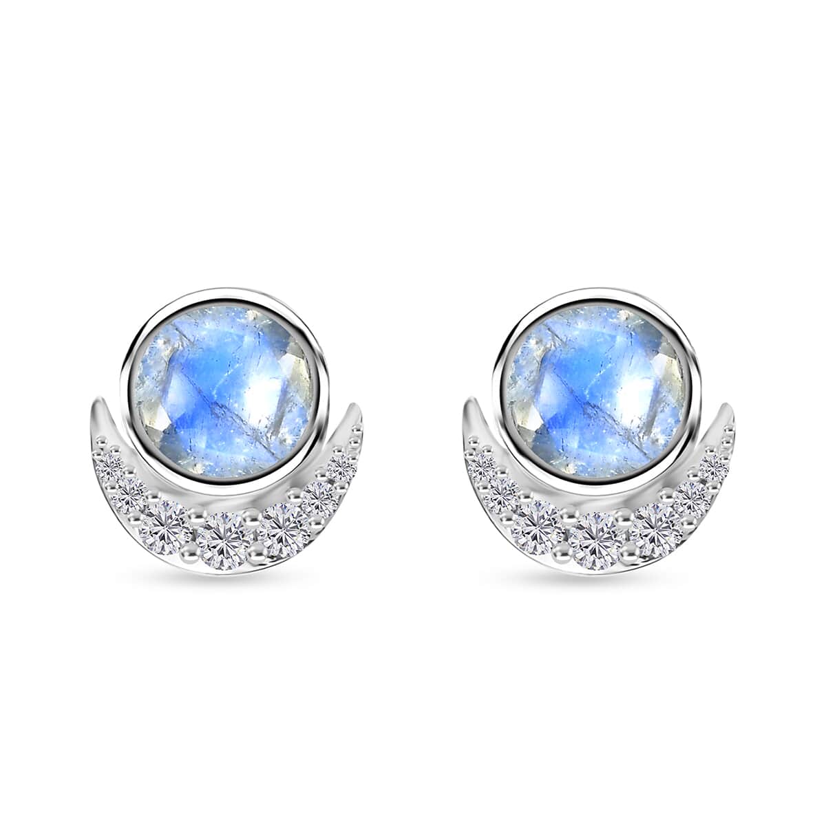 Moon Glow Moonstone and White Zircon Half Moon Earrings in Rhodium Over Sterling Silver 2.00 ctw image number 0