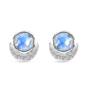 Moon Glow Moonstone and White Zircon Half Moon Earrings in Rhodium Over Sterling Silver 2.00 ctw