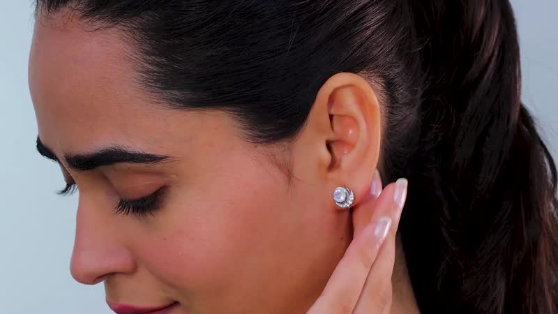Moon Glow Moonstone and White Zircon Half Moon Earrings in Rhodium Over Sterling Silver 2.00 ctw