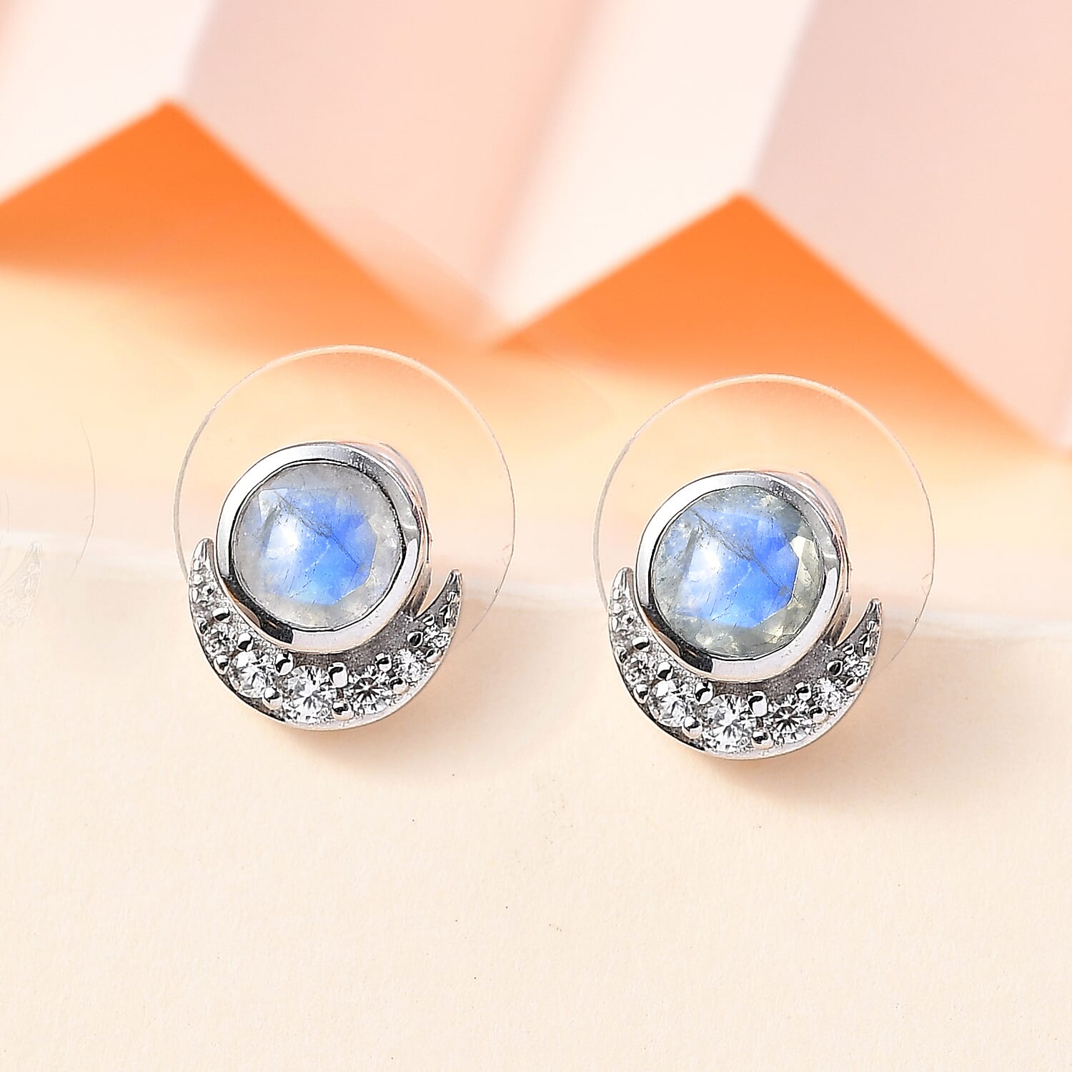Moon Glow Moonstone and White Zircon Half Moon Earrings in Rhodium Over Sterling Silver 2.00 ctw