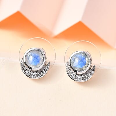 Moon Glow Moonstone and White Zircon Half Moon Earrings in Rhodium Over Sterling Silver 2.00 ctw