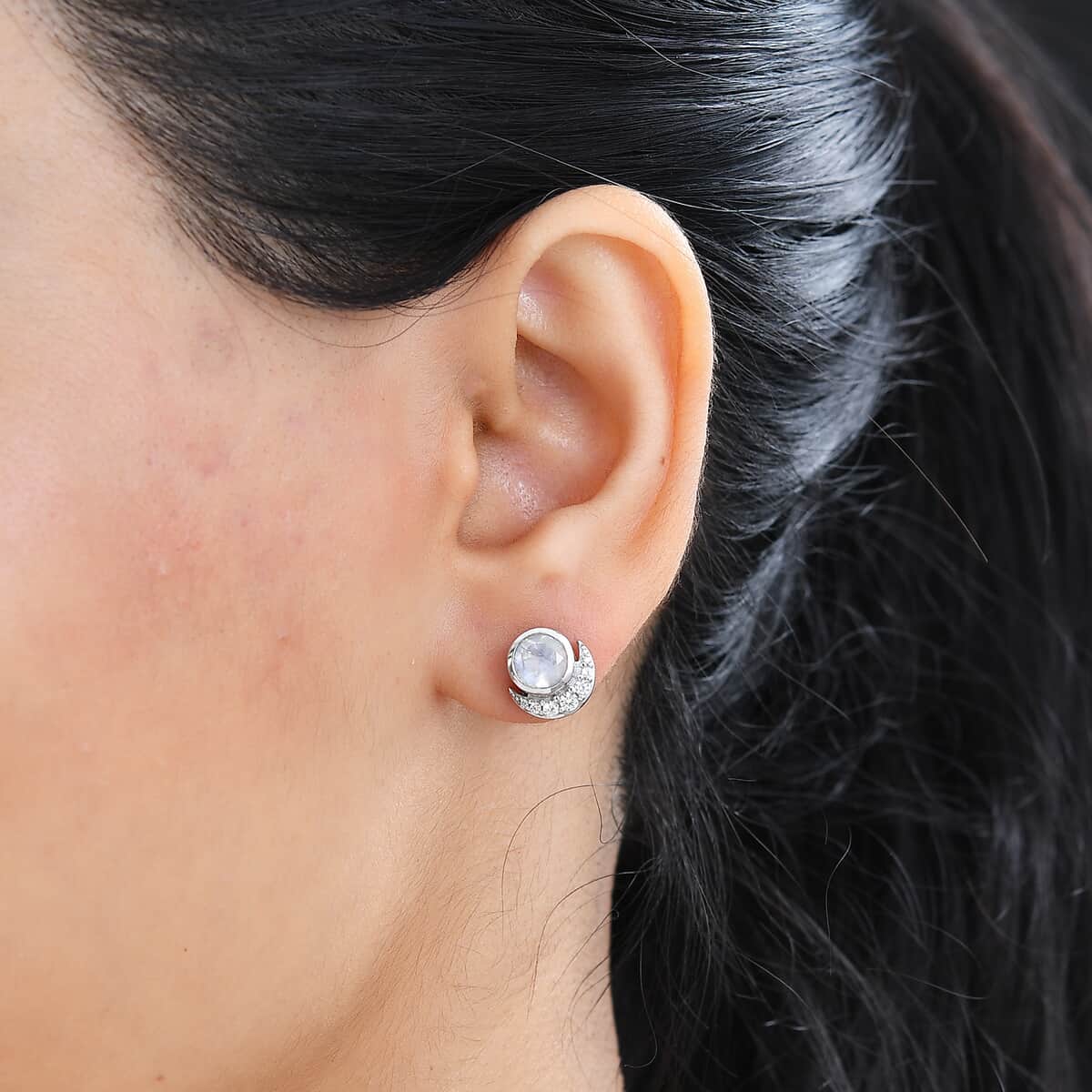 Moon Glow Moonstone and White Zircon Half Moon Earrings in Rhodium Over Sterling Silver 2.00 ctw image number 2