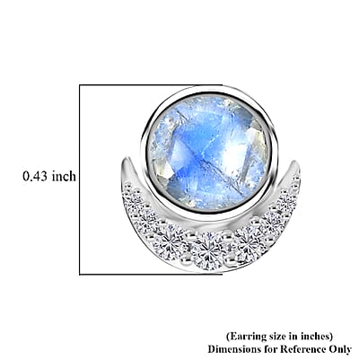 Moon Glow Moonstone and White Zircon Half Moon Earrings in Rhodium Over Sterling Silver 2.00 ctw