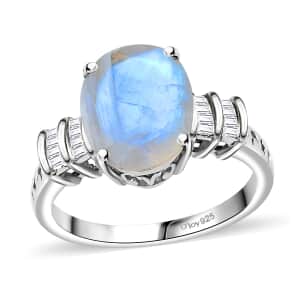 Moon Glow Moonstone and Diamond Ring in Rhodium Over Sterling Silver (Size 6.0) 4.90 ctw