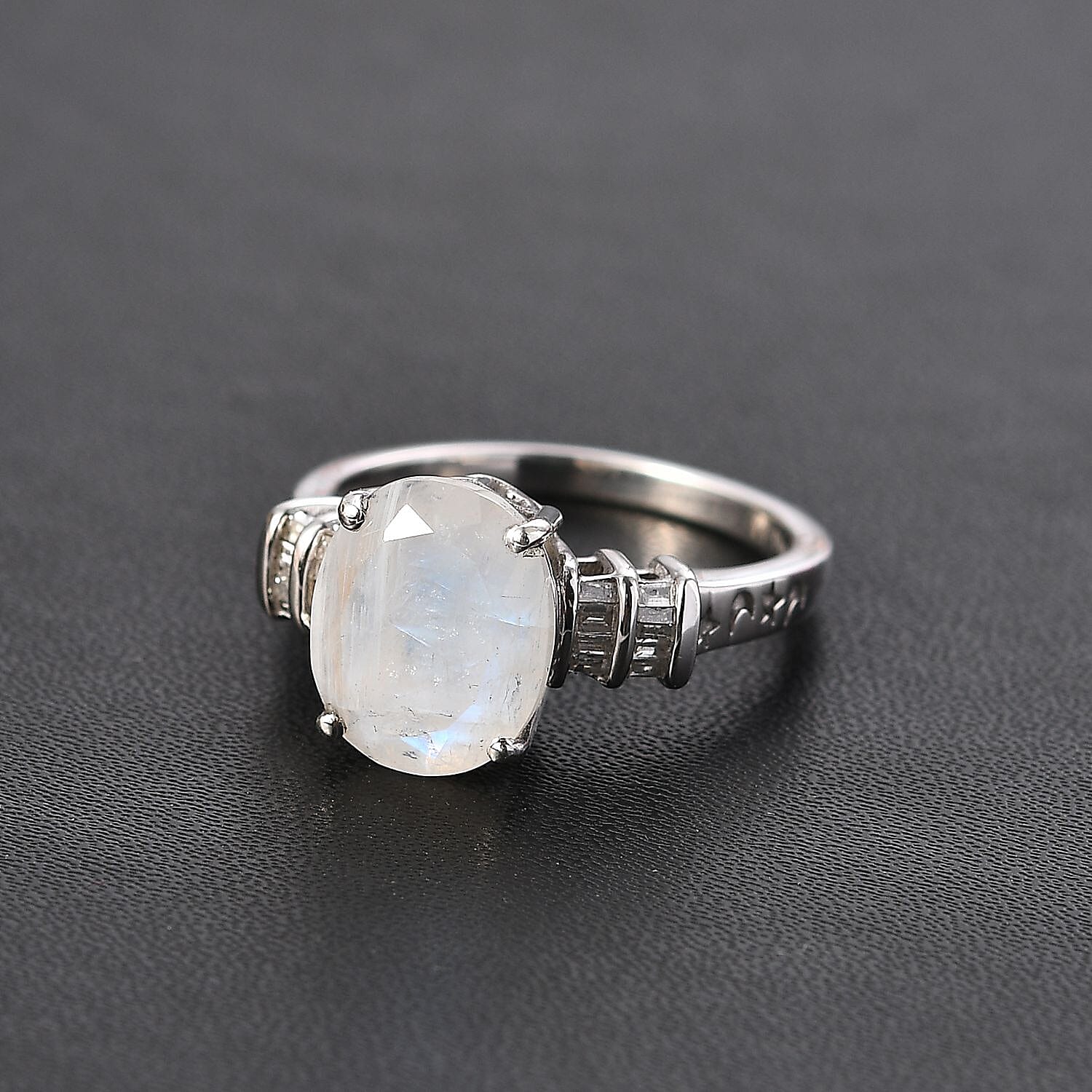 Moon Glow Moonstone and Diamond Ring in Rhodium Over Sterling Silver (Size 6.0) 4.90 ctw