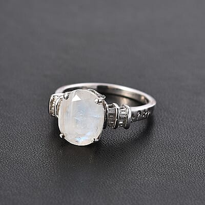 Moon Glow Moonstone and Diamond Ring in Rhodium Over Sterling Silver (Size 6.0) 4.90 ctw